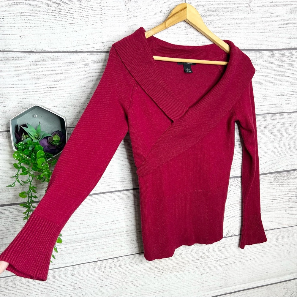 WHBM Red Cashmere Blend Wrapped Wide Collar V Neck Sweater Top Size Small - Picture 5 of 10